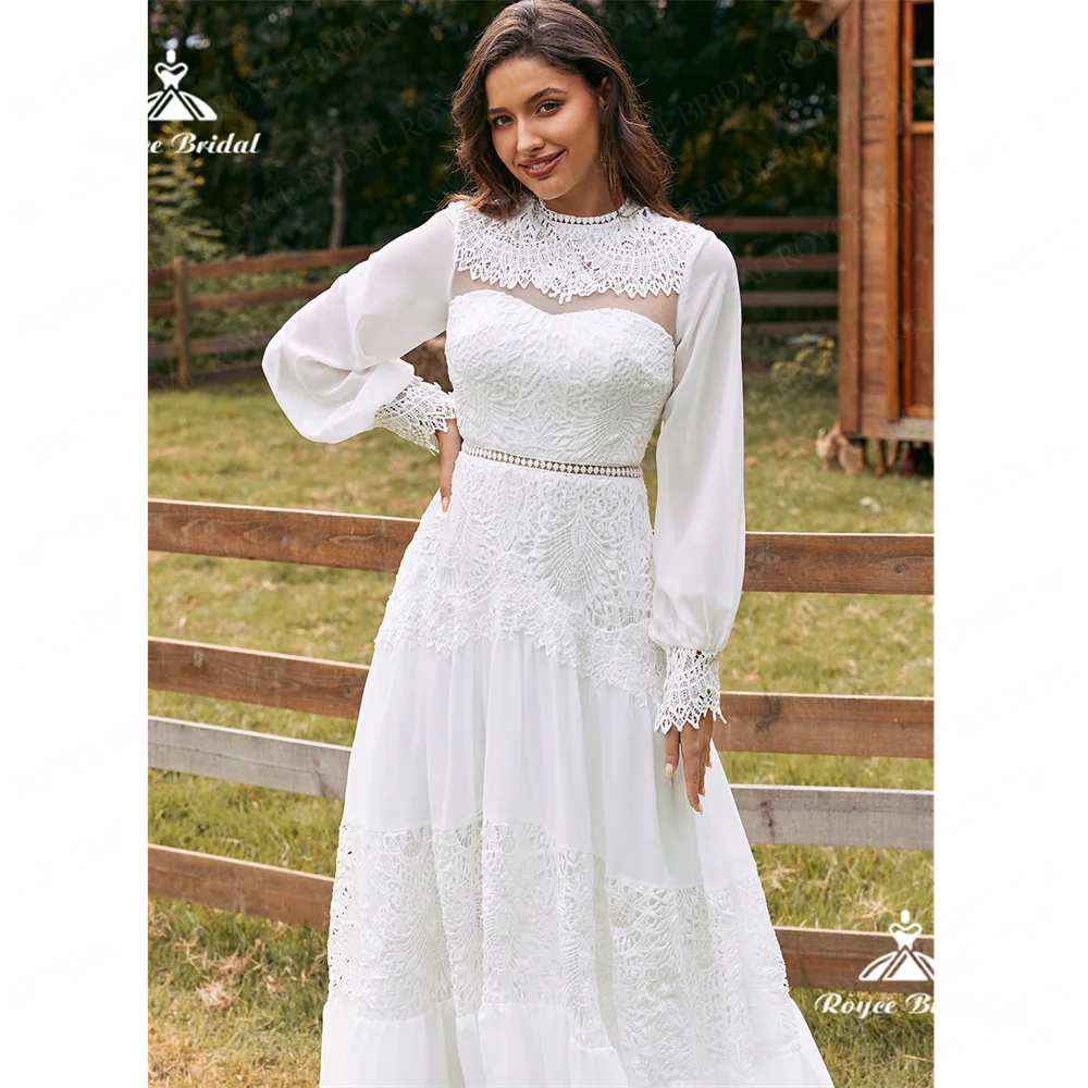 Roycebridal-Robe de Mariée Trapèze à Col Rond en Dentelle, Tenue Éducative avec Traîne, 2025