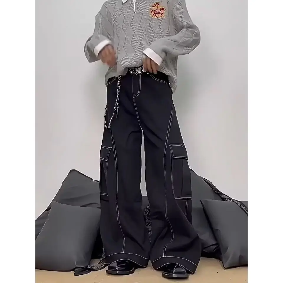 Men's Bright Line Decoration Vintage High Waist Denim Pants Cool Boy Streetwear Jeans Fashion Bottoms Retro Male Y2k Trousers