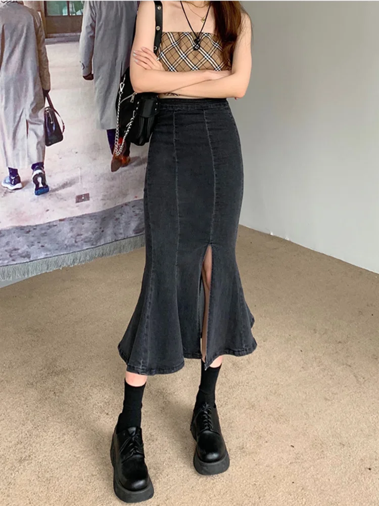 DEEPTOWN-Falda larga de mezclilla para mujer, Falda Midi de sirena con volantes, cintura alta, Estilo Vintage, moda coreana, elegante y elegante,