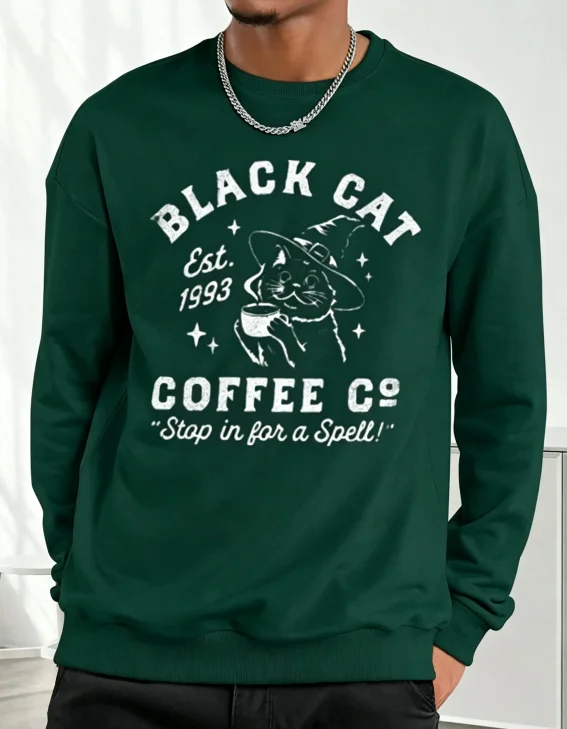 Men Crew Neck Sweatshirt Black Cat Coffee Co Vintage Graphic Print Long Sleeve Pullover Casual Loose Retro Halloween Male