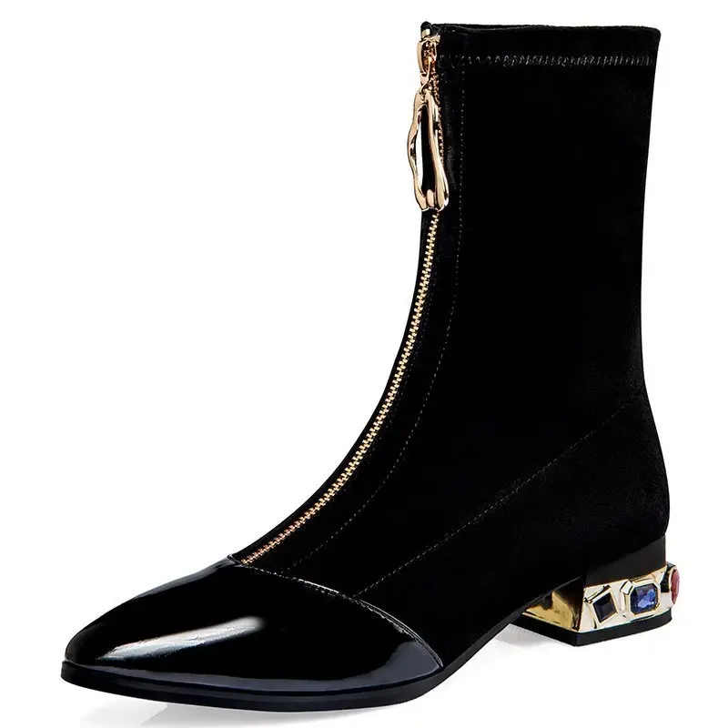 Bottes de rinçage à paillettes brillantes pour femmes, bottes courtes pointues, fermeture à glissière avant, biscuits, talons carrés, rétro, moto Lumines55, mode d'hiver