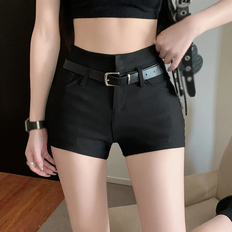 

Women Vintage Black Shorts with Belt Sexy Slim Summer Korean Fashion StyleSolid Minimalist All-match Y2k Clothes