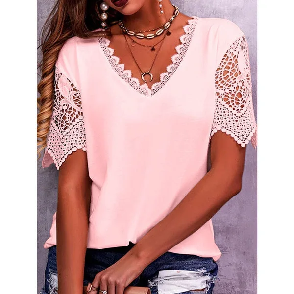 Women Elegant Lace V Neck Splicing T-Shirt New Hollow Out Short Sleeve Tops Summer Solid Color Loose Female Casual Commuter Tees