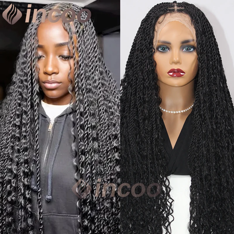 Synthetische Boheemse vlechtpruik voor Afro-vrouwen 32 inch Senegalese twist-vlechtenpruik met krullend uiteinde Full Lace Box gevlochten godinpruik