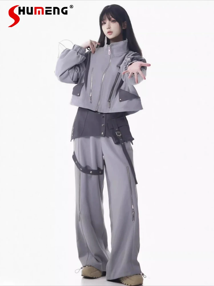 

Fashion Streetwear Casual Functional Coat Embroidery Stand Collar Long Sleeve Zipper Fleeced Short Bomber Jackets Women Autumn