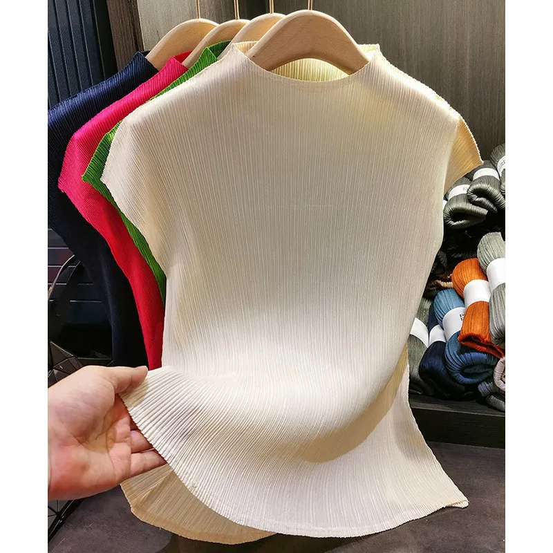 Miyake Pleated T-shirt Plisse Simple Solid Stand-up Collar Fold Tops Women 2025 Summer Pleat New Slim Thin Pleats T-shirt Women