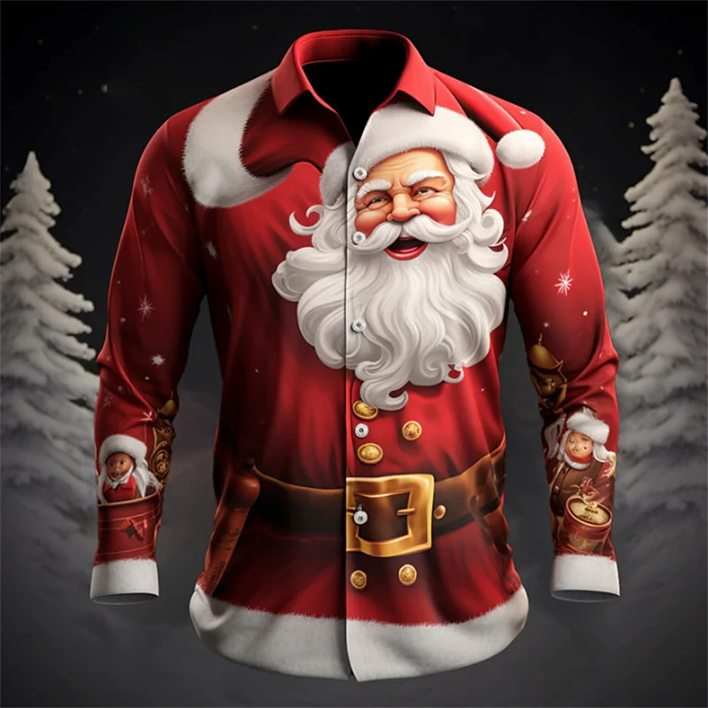 Men Turn‑down Collar Shirt Long‑sleeve X‑mas Santa Festive Ornament Art Print Button‑front Celebration Casual Blouse