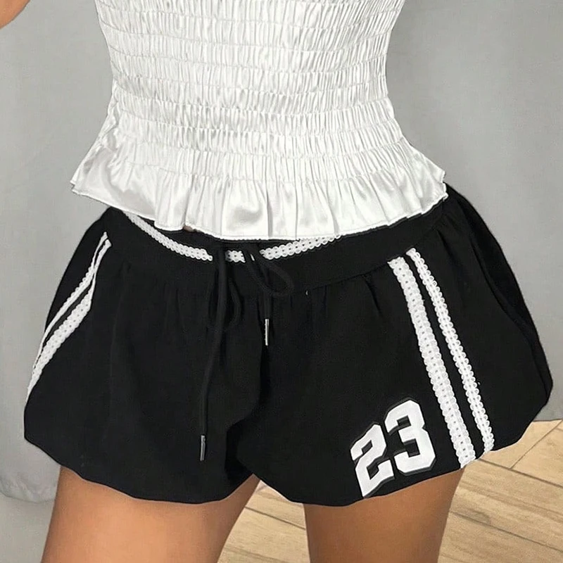 Spring New 23 Letter Printed Casual Shorts Lace up Ultra Short Striped Spliced Lantern Style Sexy Elastic Fit