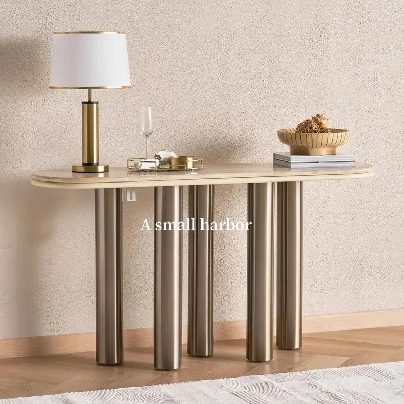 

Light luxury style entryway, entrance corridor, marble decorative table, Italian wall-backed stainless steel entryway