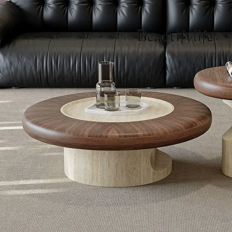 طاولة قهوة من الخشب الصلب مستوحاة من الطراز القديم من P-Tu مع نسيج محبب من الحجر الطبيعي، مثالية لغرف المعيشة الحديثة البسيطة. بريم