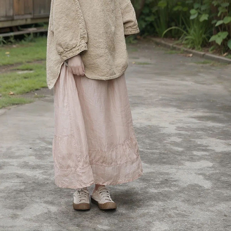 

Spring and autumn simple atmosphere solid color medium length skirt literary ramie double skirt fashion casual versatile tempera