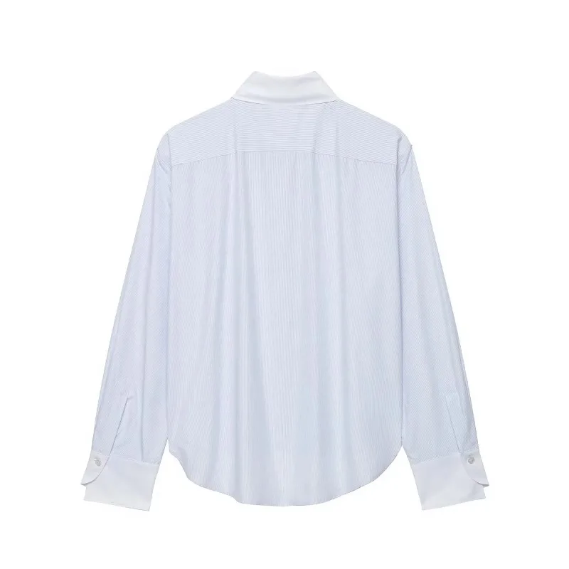 SMVP Women New Striped Lapel Long Sleeve Blouse Contrast Chinese Frog Knot Buttons Curved Hem Elegant Daily Commuter Office Top