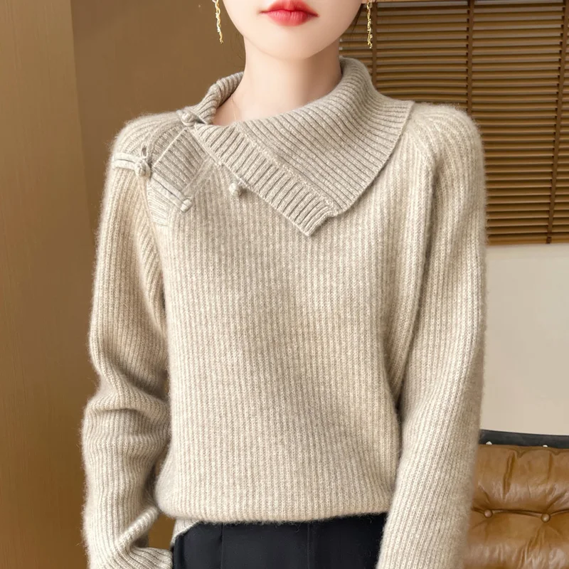 Autumn Winter New Sweater Women\'s Clothing 100% Wool Collar Knitted Pullover Fashion Chinese Style Retro Knitted Warm Tops