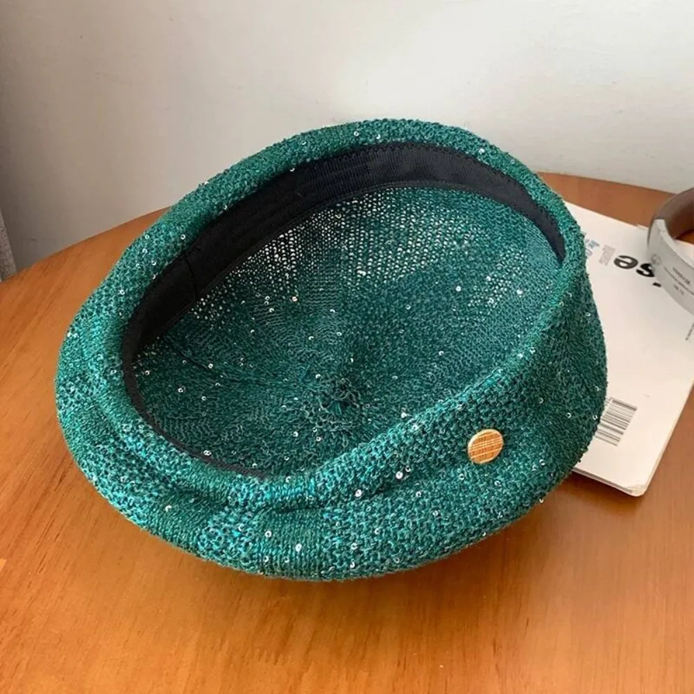 

Elegant Breathable Sequin Beret Hat Paillette Hollowed Out Weave Hat Fashionable Vintage Crochet Knitted Cap Spring