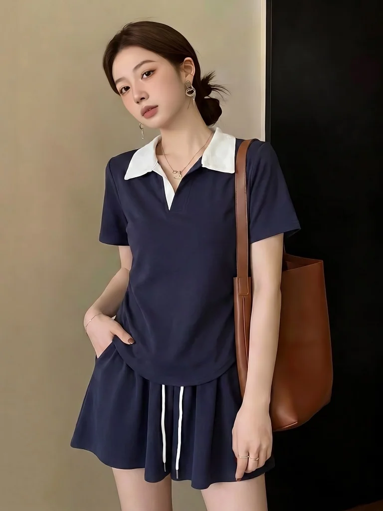 

plus Size Summer Casual Sporty Blue Shirt And Short Skirt Two Piece Set Women's Fashion Ensemble Short Sleeve Regular Fit