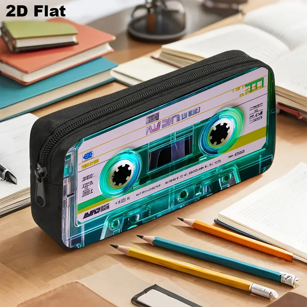 1pc Retro Cassette Tape Print Pencil Case Suitable for Students Teens, Vintage School Organizer with Cassette, Stationery Holder