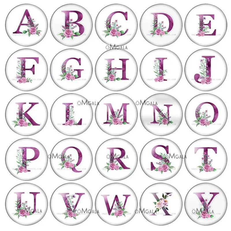 A-Z 26 Letters Print 8-30 MM Purple Flowers Letter Birthday Gift Round photo glass cabochon demo flat back Making findings