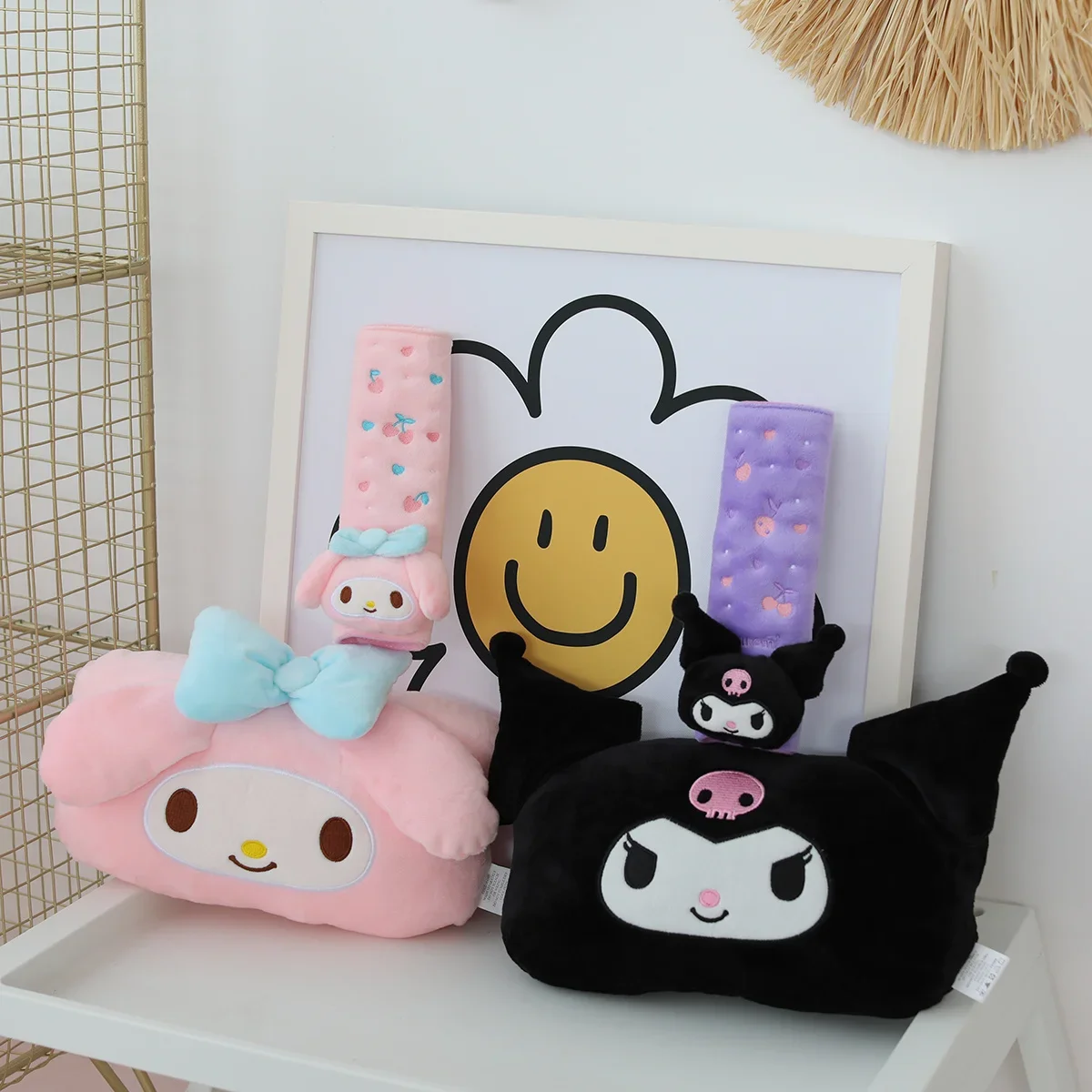 Sanrio Cartoon My Melody Car Headrest Safety Seat Belt Cover Stuffed Anime Kuromi Back Cushion Car Decor Throw Pillow Gifts