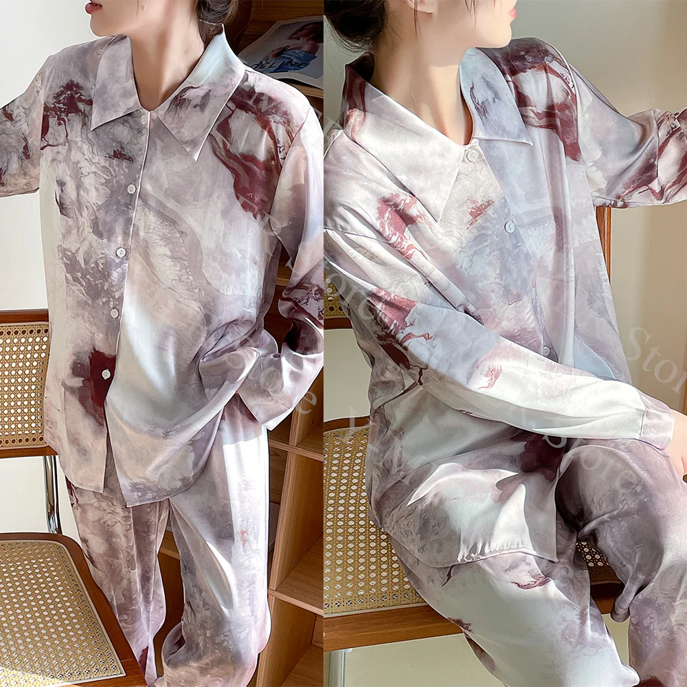 Satin Home Suit Women Summer Spring Pajamas Long Sleeve Shirt&pants Nightwear Lady Loose Nightwear Luxury Ice Silk Pyjamas