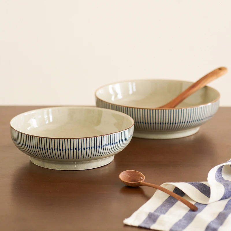 

Большая круглая фарфоровая миска для микроволновой печи, для домашнего использования, в стиле Сычуань, с ретро-полосатым узором