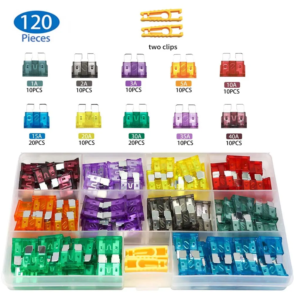 120 Pcs Standard Fuse Assortment kit (1A/2A/3A/5A/10A/15A/20A/25A/30A/35A/40AMP) Blade Fuse for RV Truck Marine Auto Accessorie