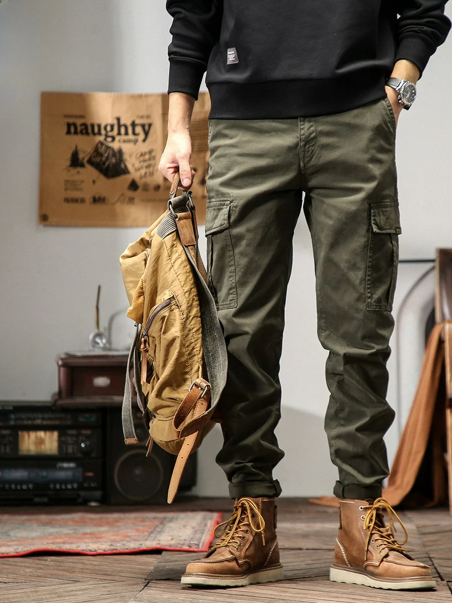 

American Sle Loose Straight Leg Cotton Work Trousers Men's Casual Long Pants Spring Autumn Faion Trend Elastic Pure Cotton