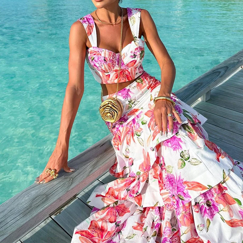 

Повседневная женская длинная юбка с высокой талией, праздничный комплект, пляжный пляжный костюм из двух предметов с цветочным принтом, летний праздничный костюм без рукавов на подтяжках