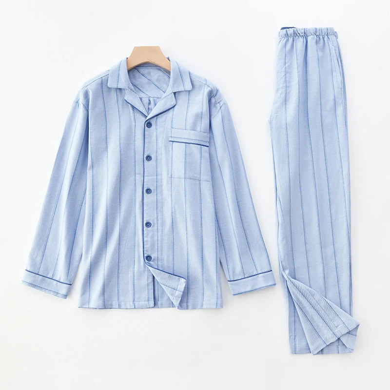 

Striped Pattern Adult Nightwear Mens Cotton Pajamas Set Autumn and Winter Pajama Set for Men