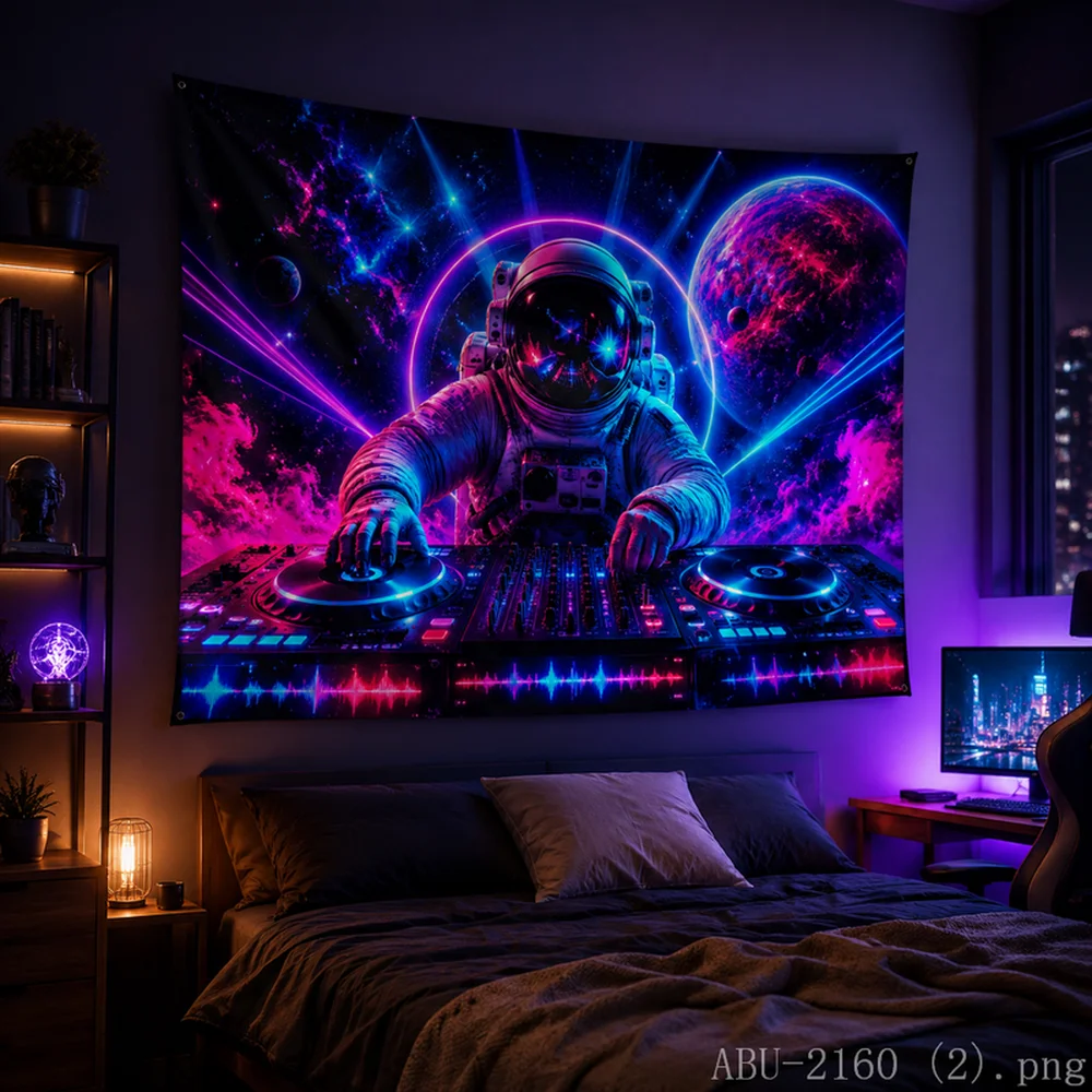 VIKAMA Futuristic DJ Astronaut Tapestry Purple Blue Nebula Galaxy Wall Art Unique Room Decor