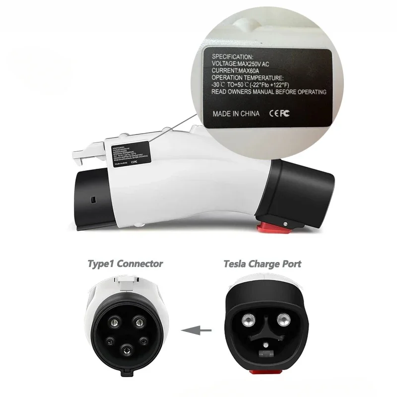 FITMPH Tesla to Type 1 Charging Adapter, 60A 250V AC,Level 1 and Level 2 Charging, Home portable Converter