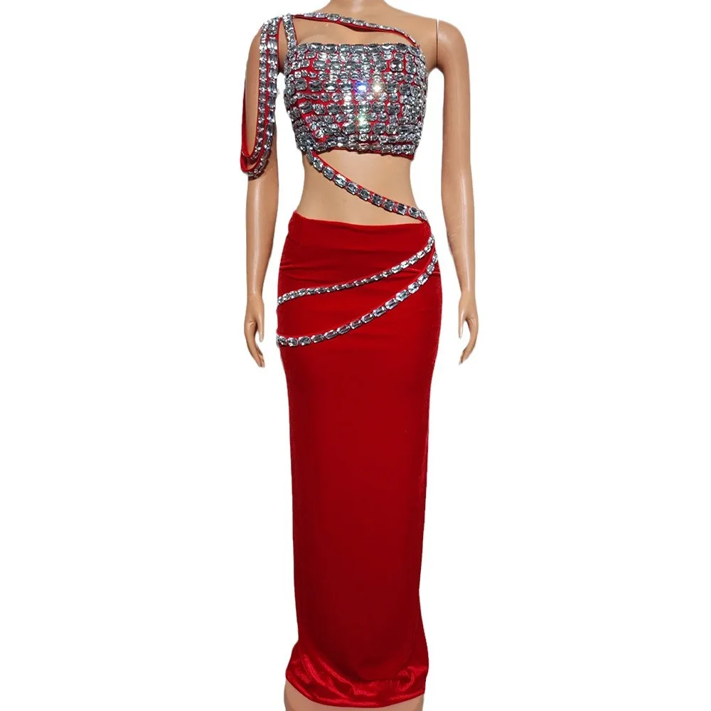 Crimson บรรยากาศเพชรชุดชุดราตรีวันเกิด PARTY จัดเลี้ยง PROM Modern Dance Show Star สีแดงพรมพรหมชุดหรูหรา