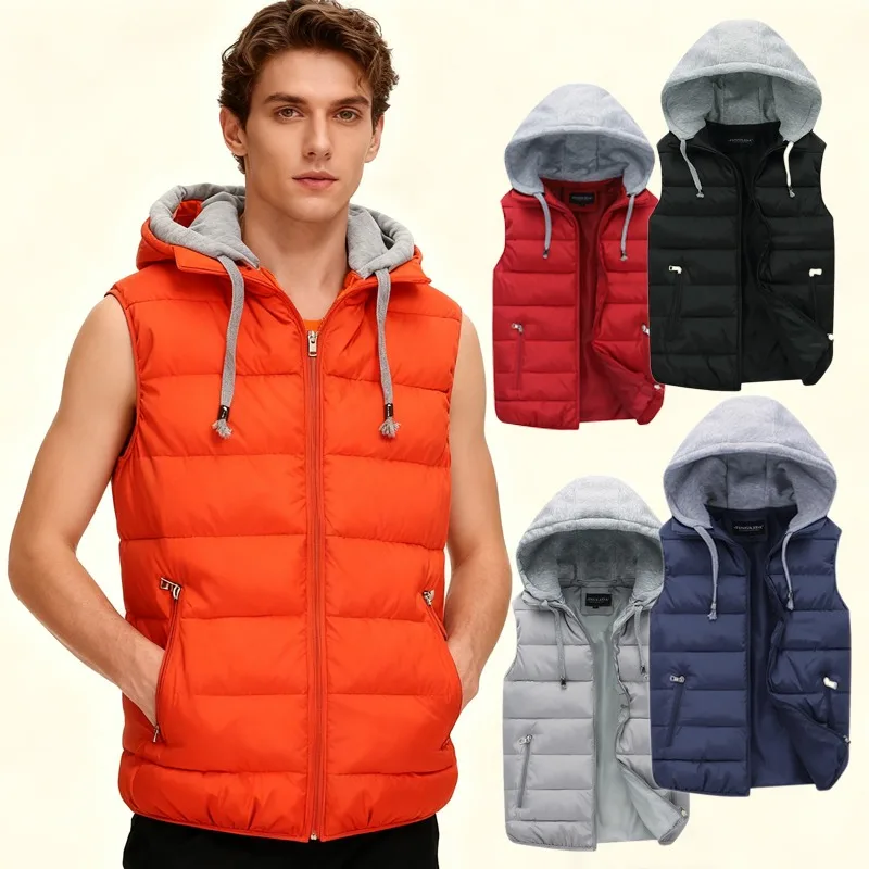 

2025 Detachable Hood Unisex Quilted Vest, Men Women's Winter Utility Sleeveless Jacket with Pockets