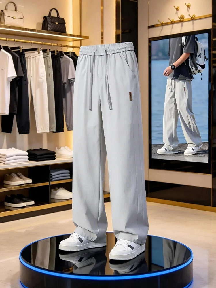 Gray American Straight Leg Ice Silk Casual Pants Men Summer Thin Nylon Quick Dry Outdoor Waterproof Hiking Trousers