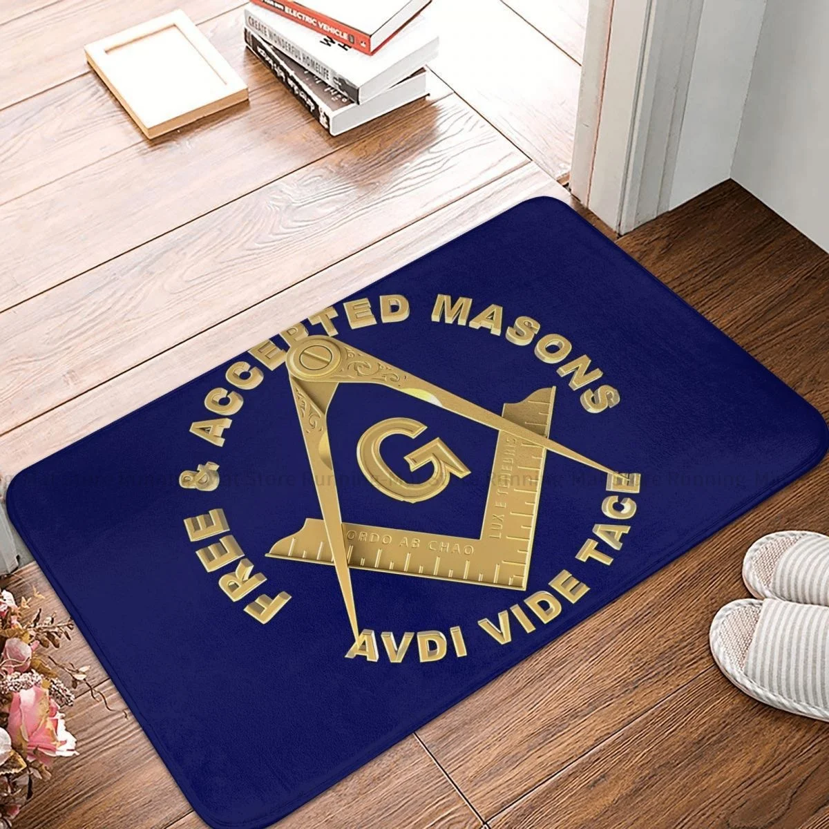 Freemason Non-slip Doormat Gold Square Compass Free Accepted Masons Bath Bedroom Mat Outdoor Carpet Flannel Pattern Decor