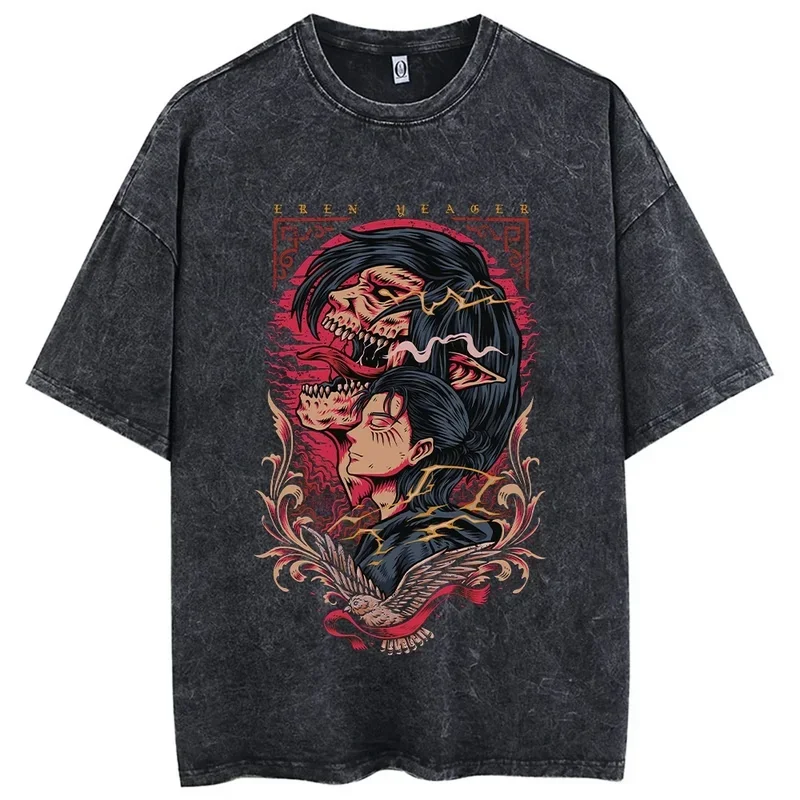 Anime Attack On Titan T-Shirt Hip Hop Oversized Streetwear Vintage Printed Washed Short Sleeve T Shirt Summer Cotton Male Tops