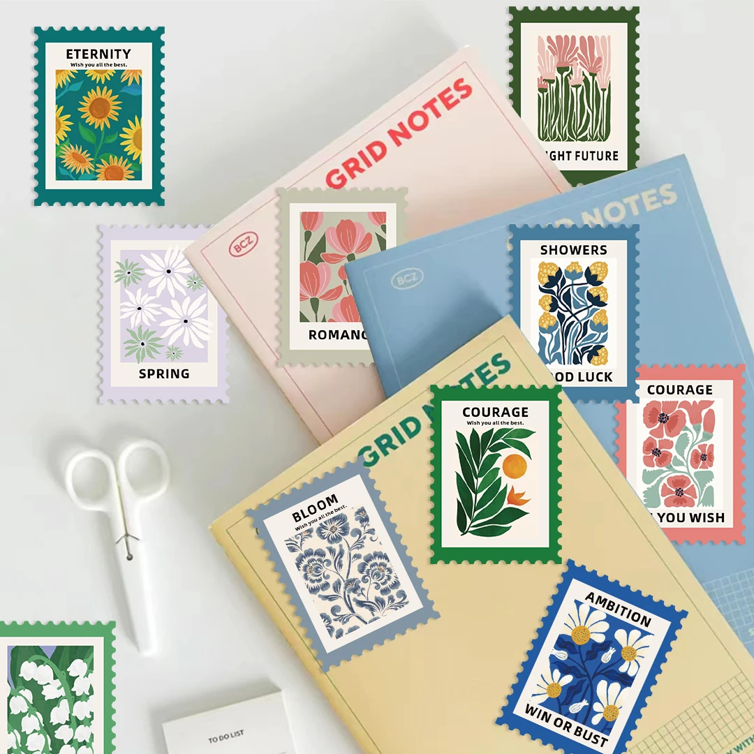 50PCS 빈티지 꽃 우표 스티커 PVC 미적 장식 Scrapbooking 편지지 손 회계 학교 용품 아이를위한