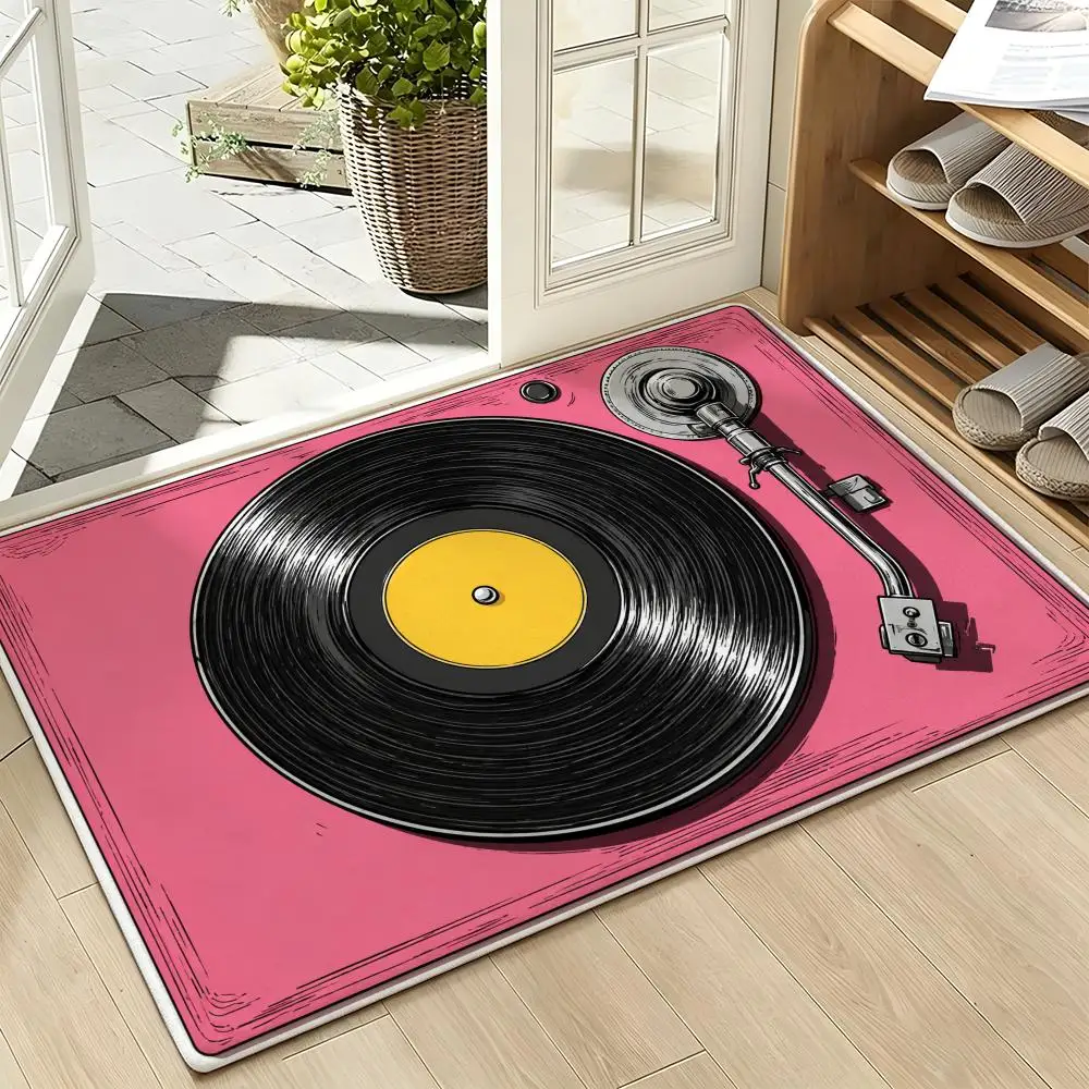 Retro Vinyl Record Cassette Music Nostalgia Style Floor Mat Soft Flannel Non Slip Absorbent Entryway Bathroom Bedroom Garage