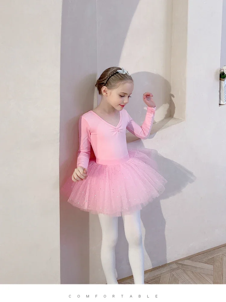 Kids Girls Classic Long Sleeves Ballet Dance Leotard Gymnastic Toddler Tutu Bodysuit Ballerina Dancing Practice Costumes