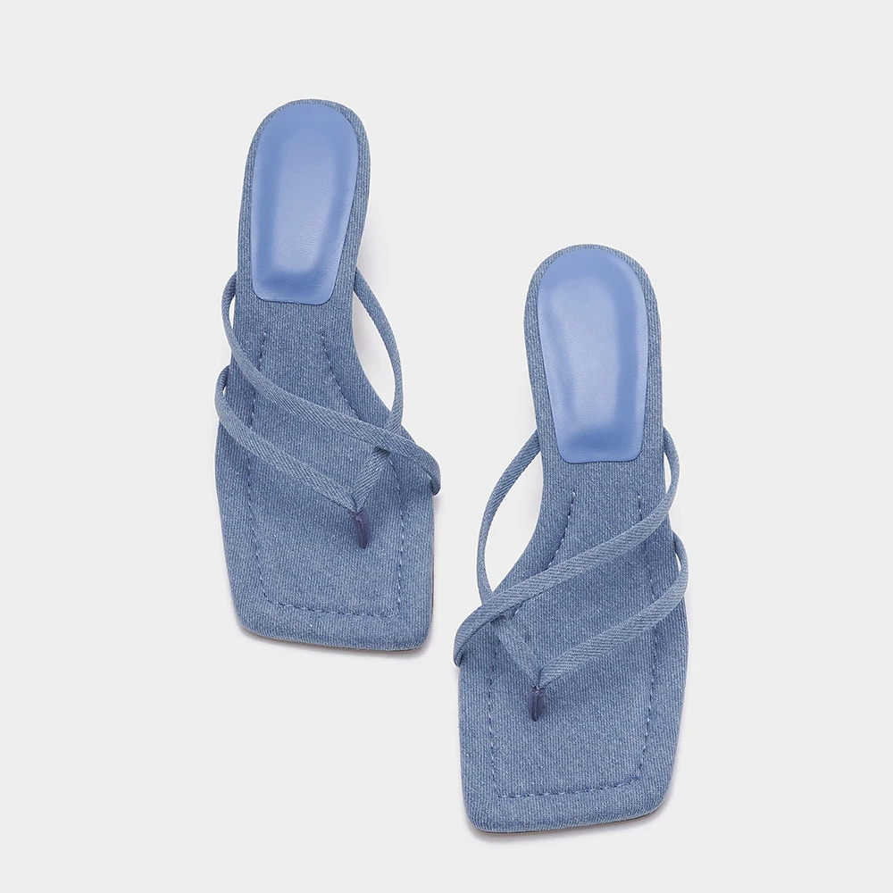 

2024 New Summer High Heels Slippers Flip Flops Shoes Woman Blue Denim 7cm Square Heel Sandals Women's Korean Style Slides