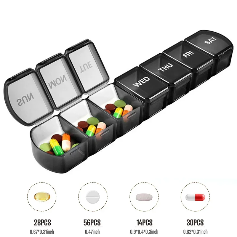 Portable Small Pill Box Cases Large Grids 7 Days A Week Organizer Pills Box for Tablets Vitamins Medicine Fish Oils Sub-packed