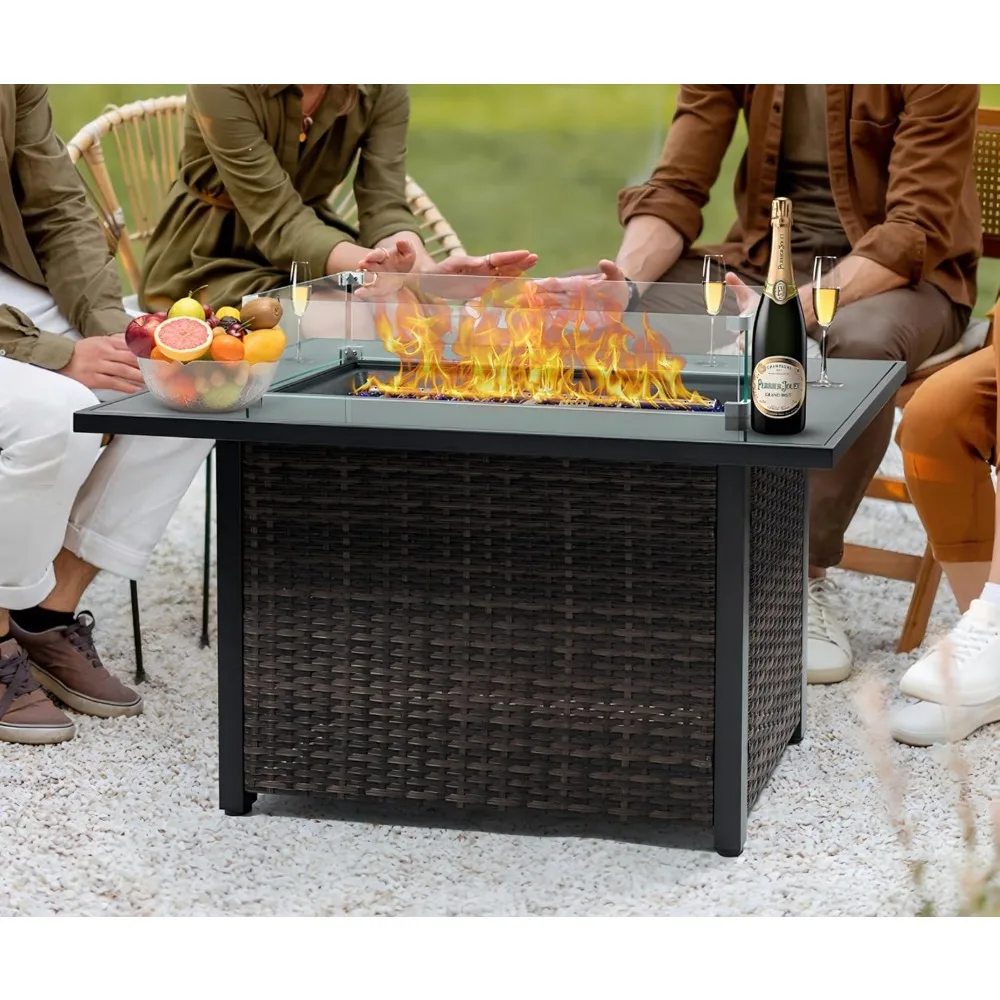 

Fire Pit Table 44, Outdoor Gas Fire Pit 50,000 BTU CSA Certified, Firepit with Glass Rocks, Lid, Glass Wind Guard