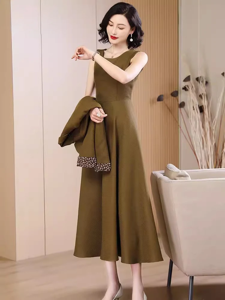 New Women Elegant Office Lady Dress Suits Spring Autumn Fashion Single Button Slim Blazer and O-Neck Sleeveless Long Dress