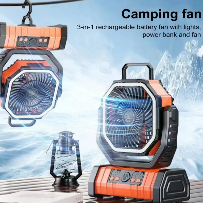 Camping fan with LED light and remote control, 10000mAh portable camping fan, suitable for outdoor tent picnics camping fan