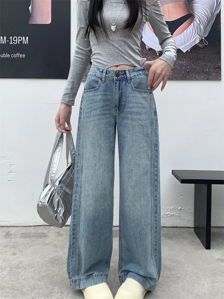 

American Sle High Waist Wide Leg Jeans Women's Small Size Autumn White Loose Straight Cut Floor-Length Pants