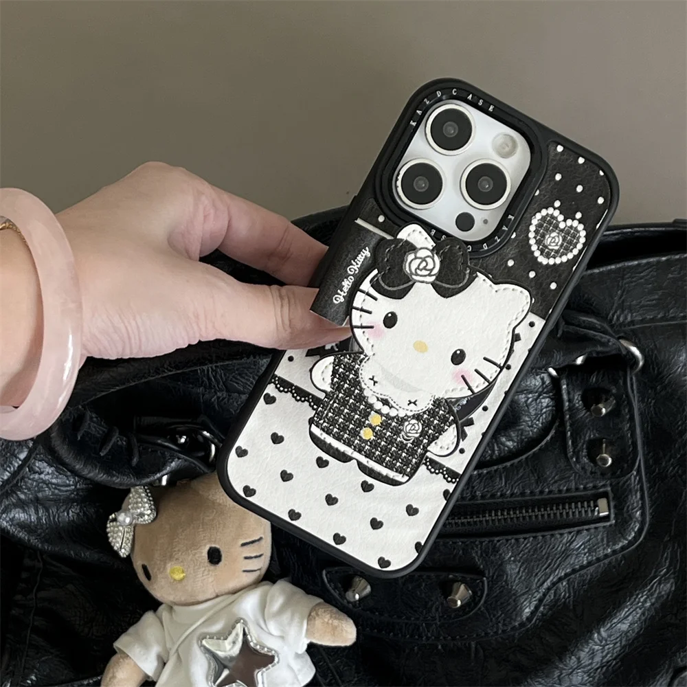 

Luxury Fashion Leather Plaid Hellokitty Magnetic Stand Phone Case For iPhone 13 14 15 16 17 Pro Max polka dot bow love Funda Cov