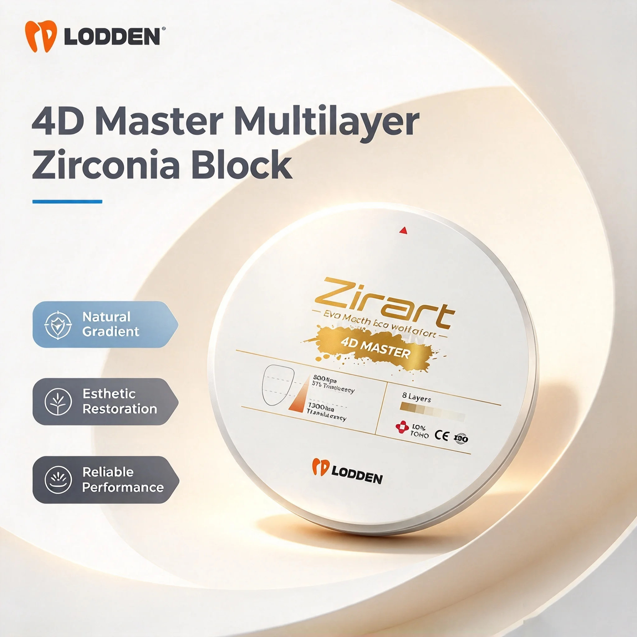Lodden Dental 4D Master Multilayer Zirconia Block for Open CAD/CAM Dental Lab Materials 1300Mpa Disc Multi Color Zirconium Block