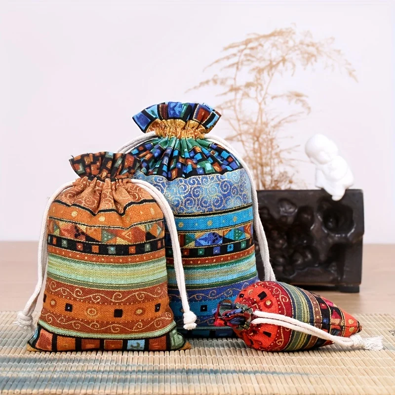 6pcs Ethnic Style Cultural Buddhist Beads Storage Bags, Cotton Linen Jewelry Drawstring Tied Hemp Cloth Bags, Package Bags