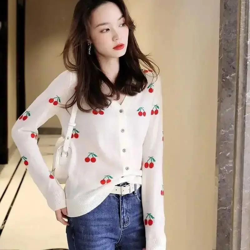 New French Knitted Cardigan Women Sweet Cherry Printed Autumn Elegant V-Neck Long Sleeve Single Breasted Casual Sweater Tops