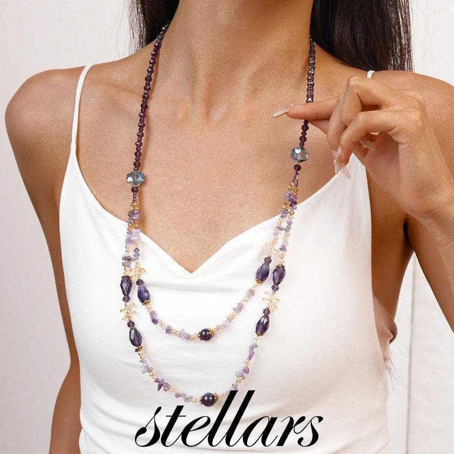 

Amethyst Glass Multi-Layer Beaded Long Necklace Vintage Fashion Personalized Niche High-End Temperament Women Jewelry