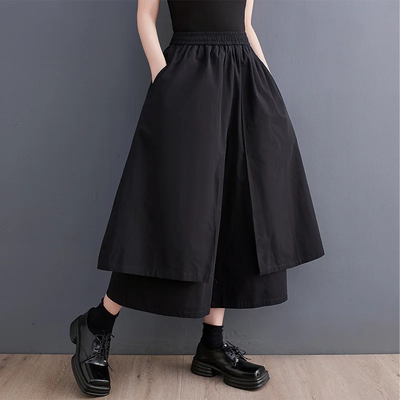 

#0102 Black Wide Leg Pants Women Pockets Loose Asymmetrical Trousers Female Double Layer Streetwear Baggy Pants High Waisted